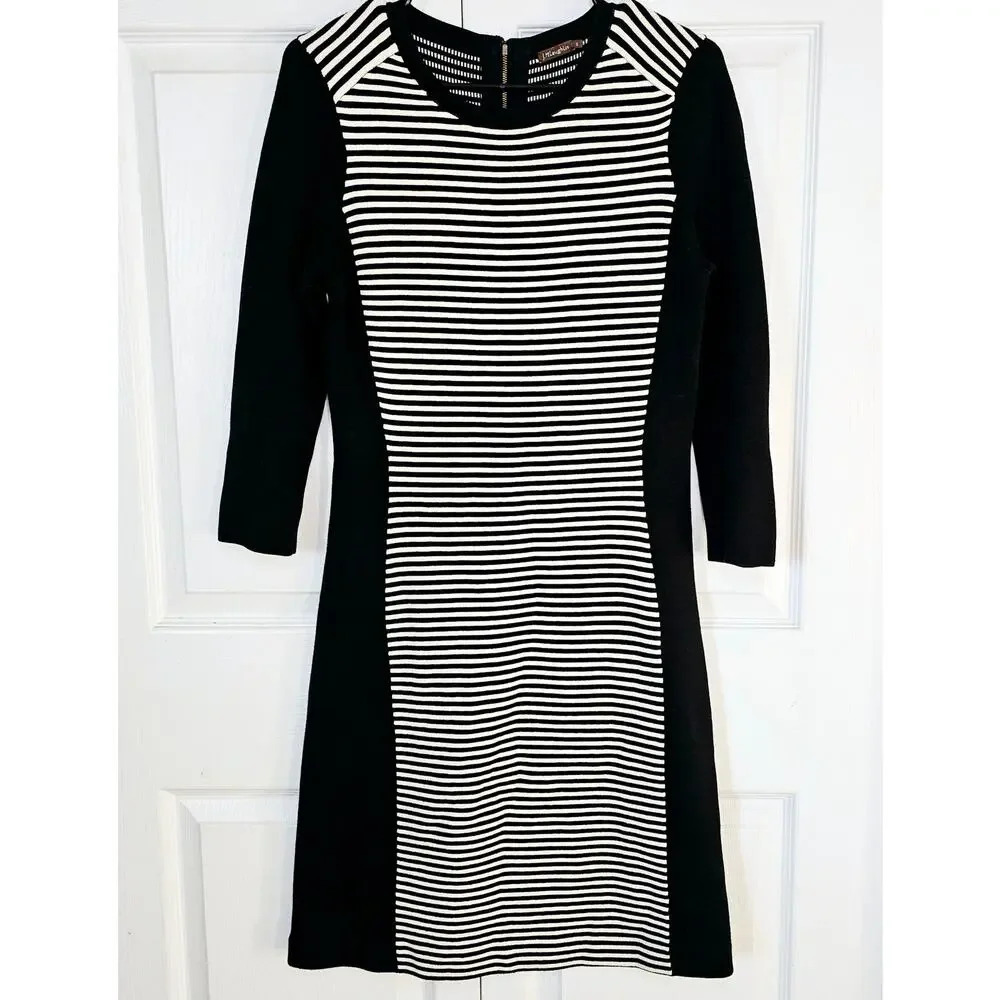 J. McLaughlin Black/White Striped Dress Small A-Line Colorblock Two-Tone Optical